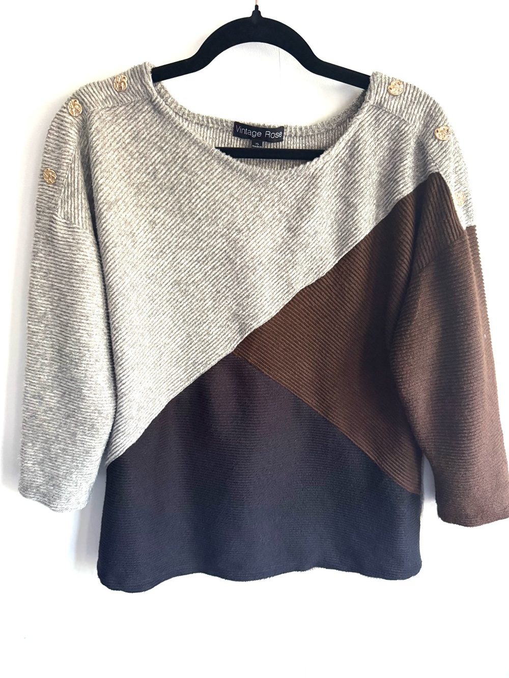 Vintage Rose Colorblock Crewneck Sweater - Gray, Brown, Dark Brown